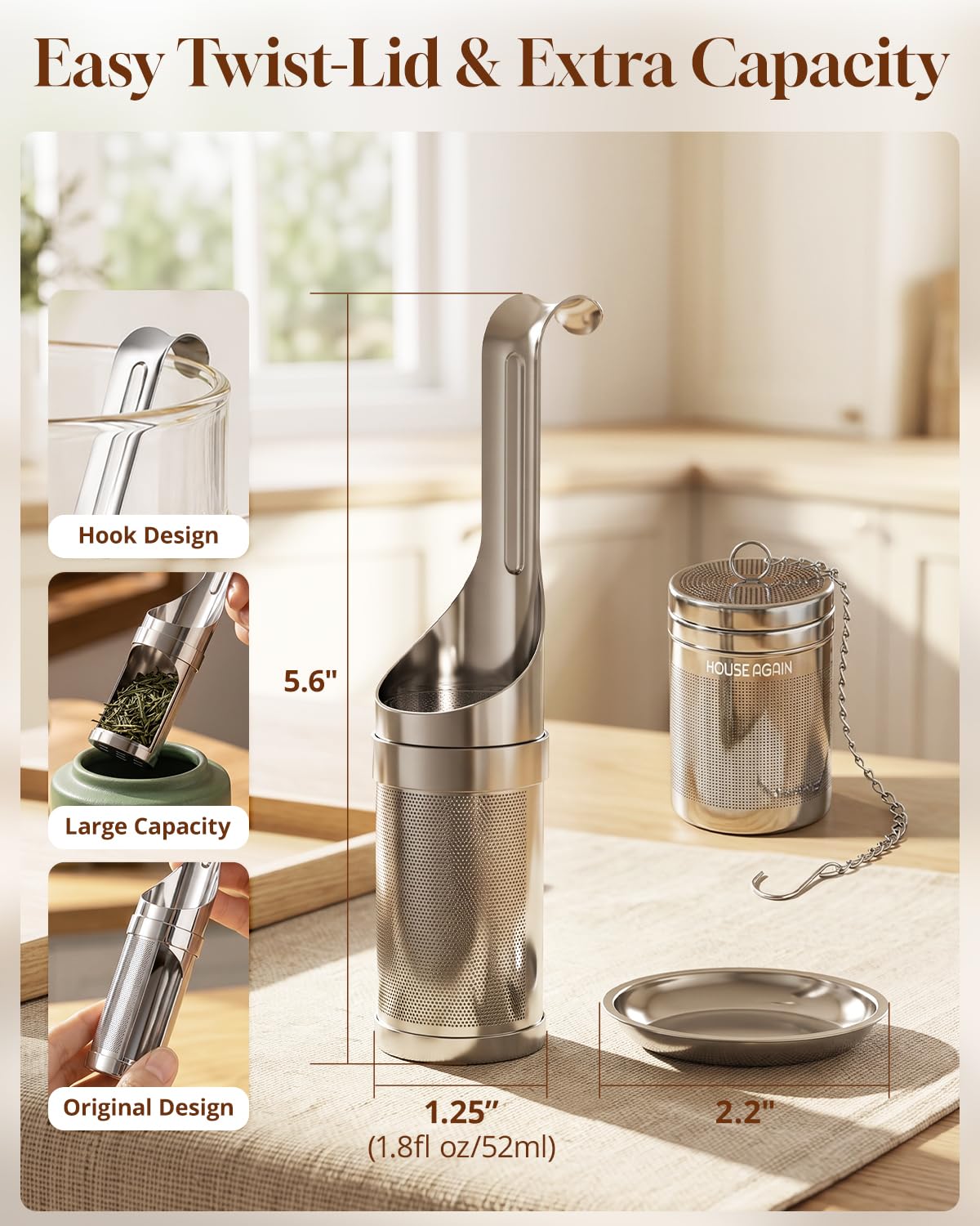 HOUSE AGAIN Tea Infuser for Loose Leaf Tea, Stainless Steel Fine Mesh Tea Strainer
