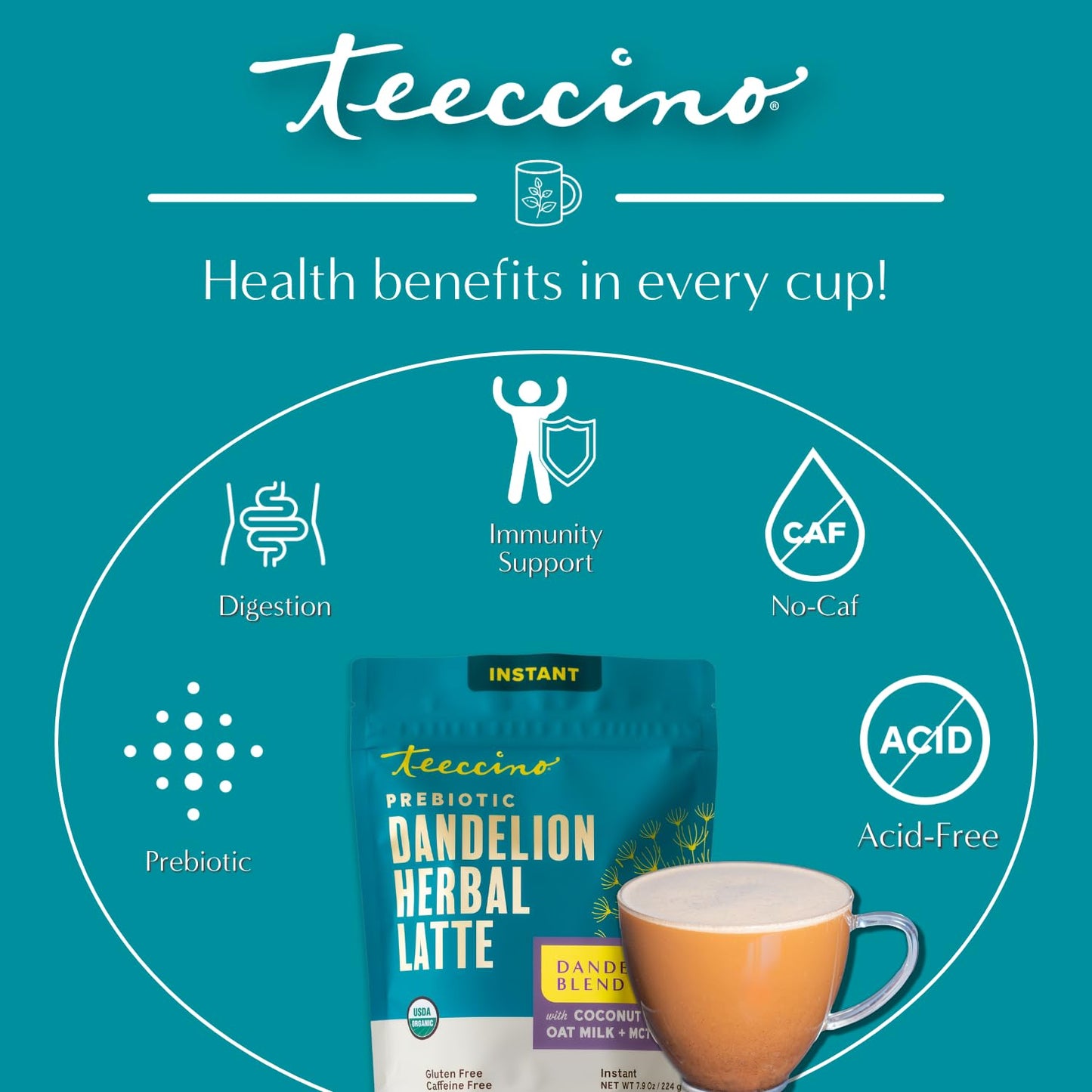 Teeccino Organic Instant Dandelion Herbal Latte – 14 Servings – Creamy Oat &amp; Coconut Latte with a Blend of Roasted Chicory &amp; Dandelion Roots – Gluten-free, Prebiotic, Caffeine-Free – 7.9 ounces