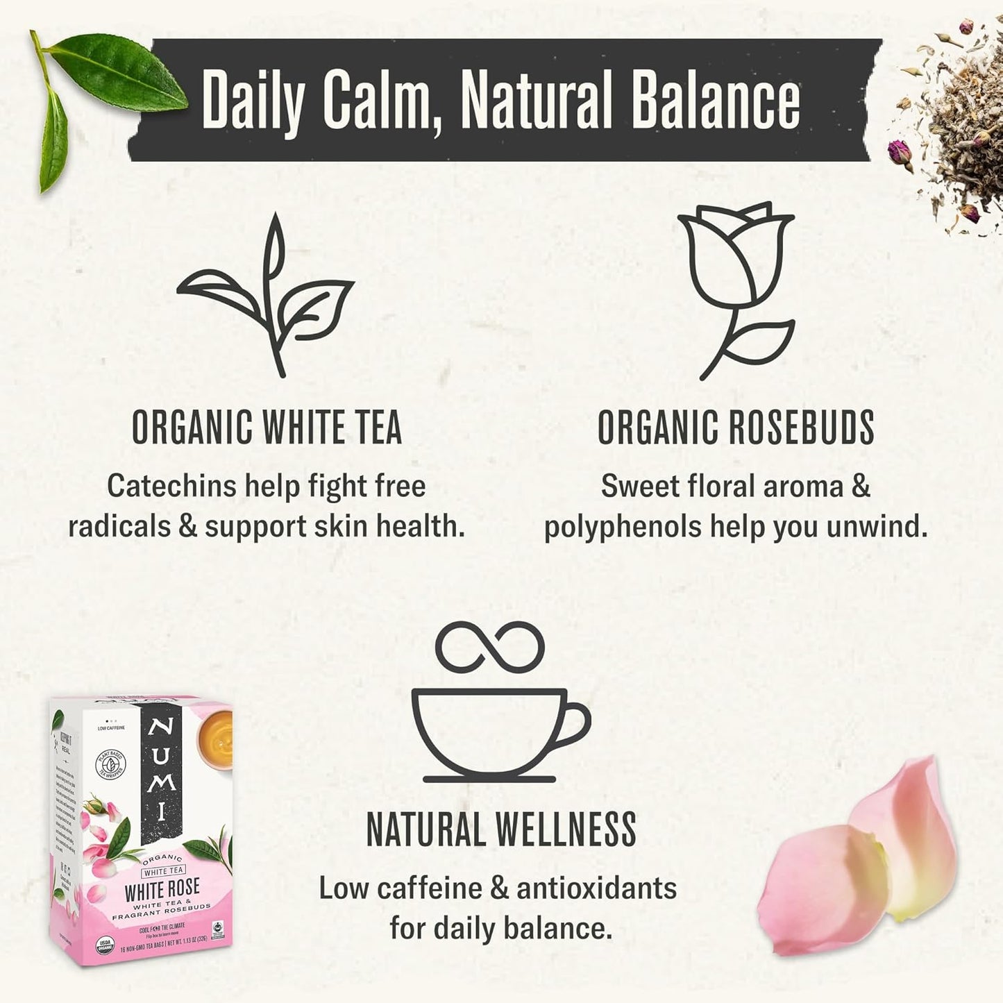 Numi Organic White Rose Tea, 16 Tea Bags, White Tea & Fragrant Rosebuds, Low Caffeine