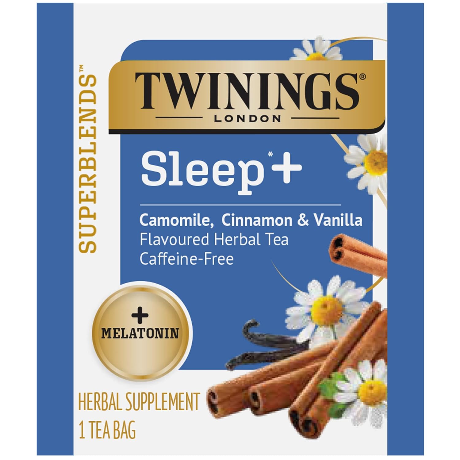 Twinings Bedtime Tea Variety 2-Pack Pure Camomile Teabags and Superblends, Cinnamon & Vanilla + Melatonin Tea, Naturally Caffeine-Free