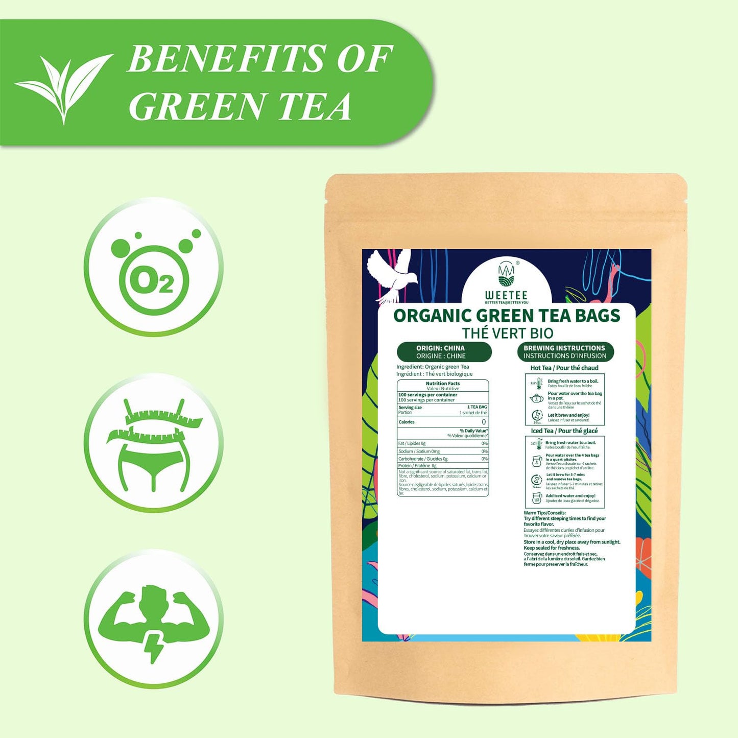 WT WEETEE Organic Green Tea Bags, Organic Pure Green Tea 100 Count, Super Antioxidant | Resealable Kraft Bag | Brew Hot or Iced