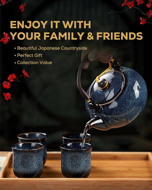 Dujust Japanese Tea Set for 6, Kiln Altered Glaze Porcelain Tea Set with 1 Teapot, 6 Tea Cups & 1 Tea Tray
