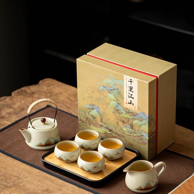 7-Piece Ruyao Ceramic Chinese GongfuTea Set, Traditional Crackle Glaze Teapot with Cups and Bamboo Tray, Gift Box Included