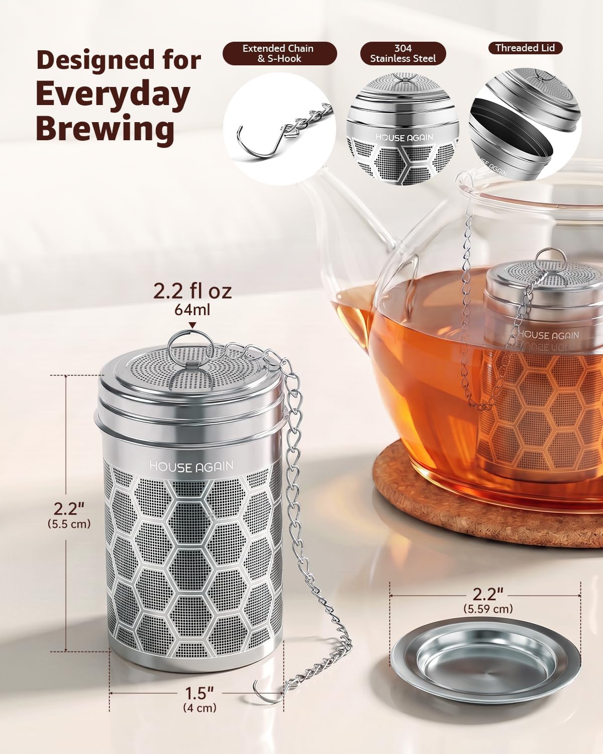 House Again 2 Pack Tea Strainers for Loose Tea, Extra Fine Mesh Tea Infuser, 304 Stainless Steel with Chain Hook, Loose Leaf Tea Steeper for Brew Tea Spices &amp; Seasonings, Geometric Design