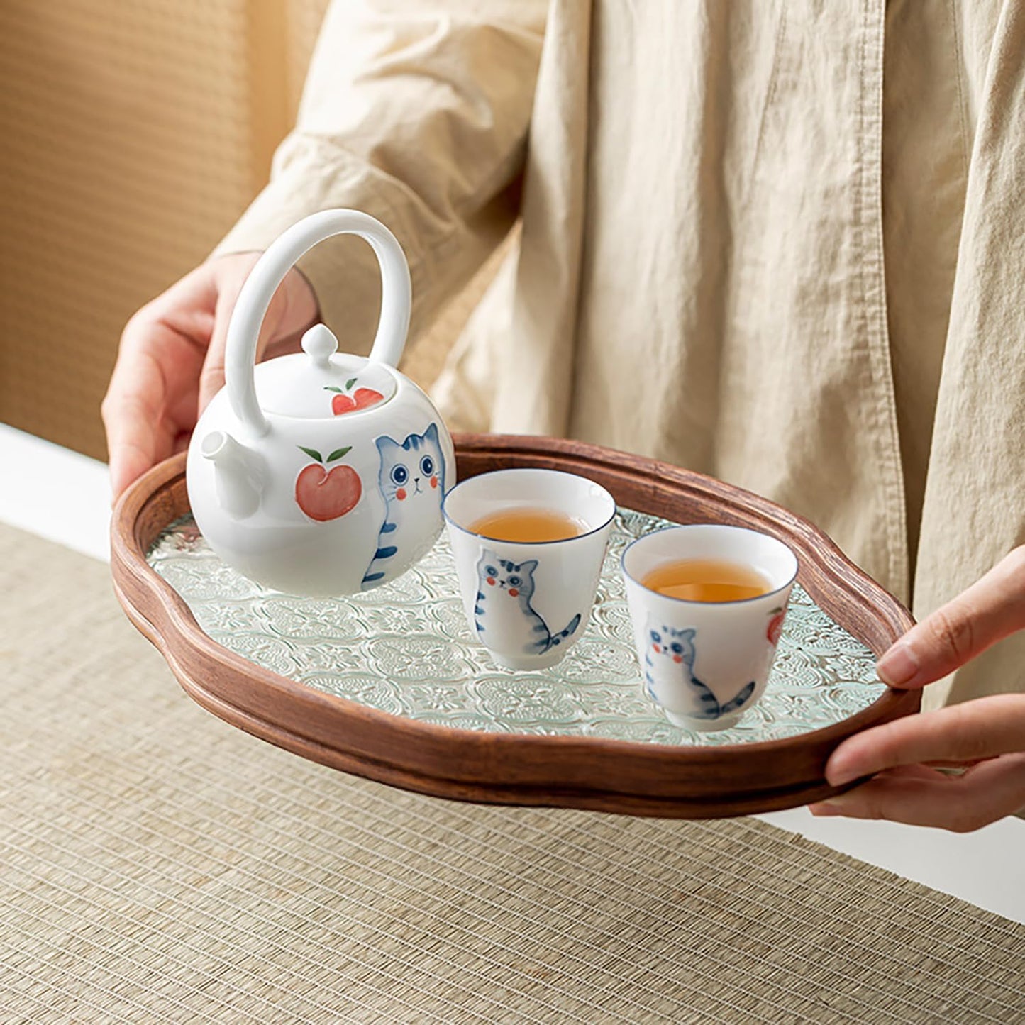 IwaiLoft Glass Serving Tray with The Crabapple Pattern Glass and Walnut for Kitchen Countertop Home Decor for Coffee Table, Also Suitable for Tea Coffee Decorative Trays (Clear,11.4" x 7.8" x 1")