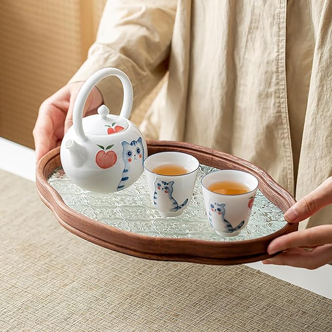 IwaiLoft Glass Serving Tray with The Crabapple Pattern Glass and Walnut for Kitchen Countertop Home Decor for Coffee Table