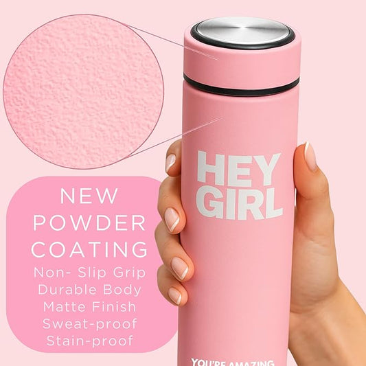 Hey Girl Tea Infuser Bottle 450ml - Insulated Stainless Steel Water Bottle - Tea Tumbler with Tea Diffuser