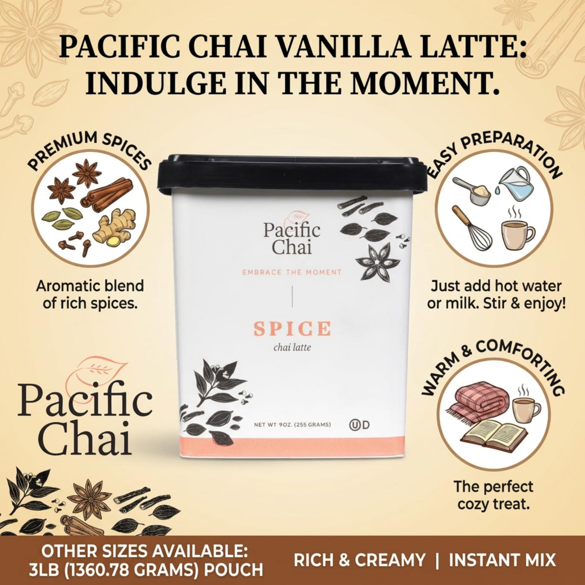 Pacific Chai Spiced Chai Latte Mix, Instant Chai Tea Latte Drink Mix, Gluten Free, Kosher Certified Powder Beverage, Café