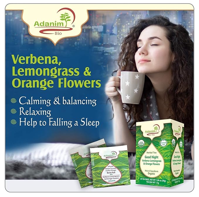Adanim Bio Good Night Lemon Verbena Tea Lemongrass Herbal Tea Orange Flowers 1.5g x 80 Individually Wrapped Tea Bags Premium USDA Organic Caffeine Free Wellness Tea Relax Natural Ingredients for Sleep