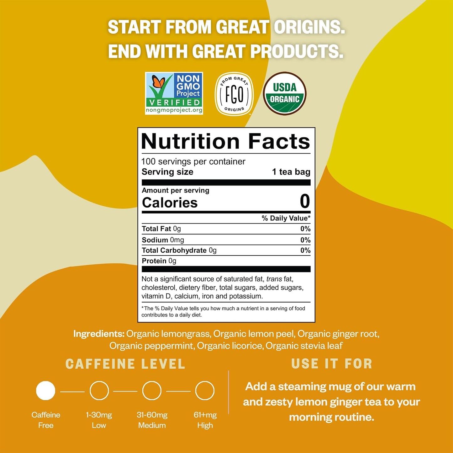 FGO Organic Lemon Ginger Tea, 100 Count, Eco-Conscious Tea Bags, Resealable Bag, Caffeine Free, Packaging May Vary (Pack of 1)