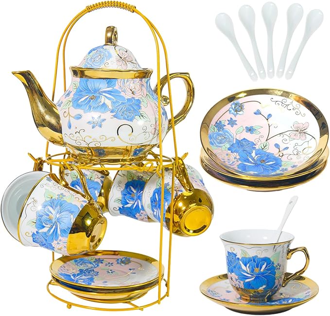 CHANJOON Gold Plated Red Rose Ceramic Tea Set, Vintage Tea Sets with Teapot, Beautiful Tea Set Coffe