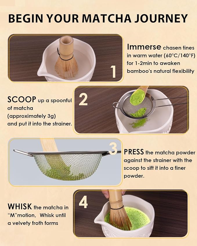 Bamboo Matcha Whisk Set with 2-pack 100% Natural Bamboo matcha Whisk,Sifter,Tea Scoop and Tea Spoon，Handcrafted Traditional Japanese Chasen