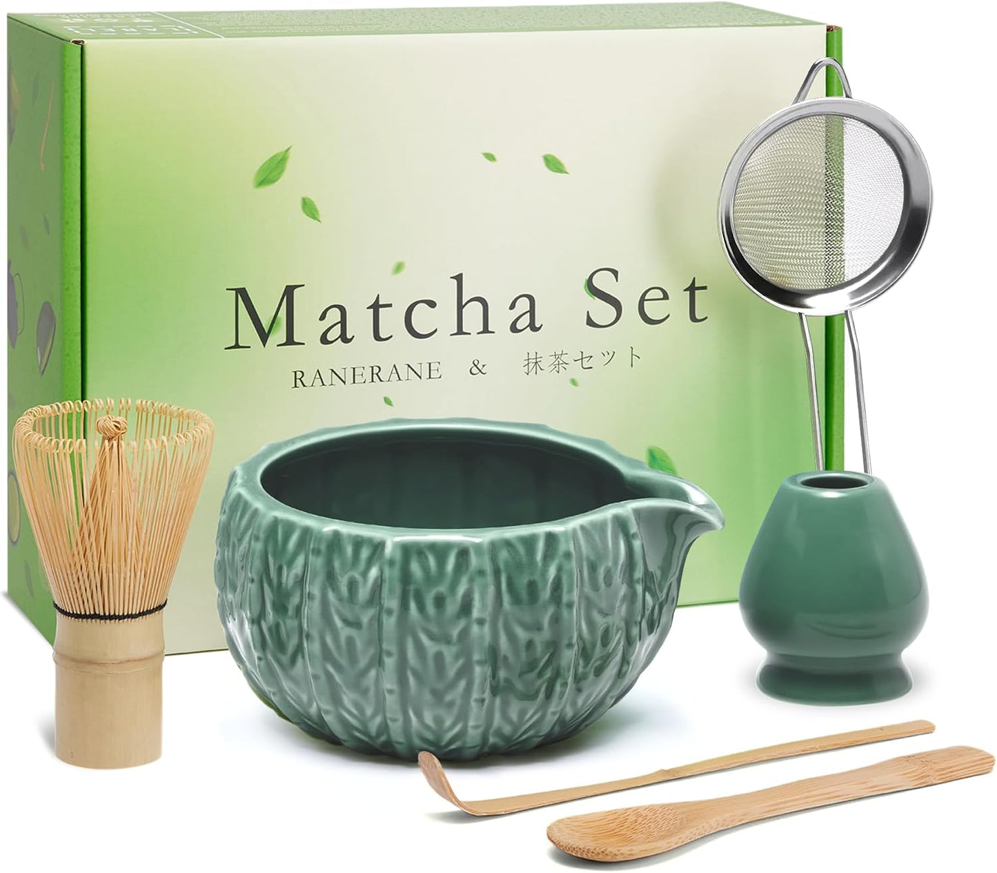 6-Piece Matcha Set, Matcha Whisk (Chasen) &amp; Holder, Matcha Bowl with Spout, Sifter &amp; Spoon, Bamboo &amp; Ceramic, Dark Green