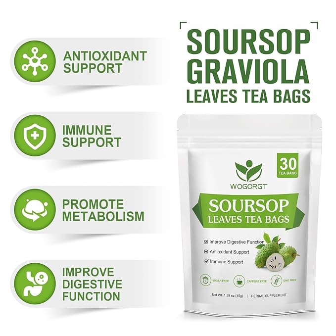 Organic Soursop Leaves Tea Bags - Soursop Graviola Leaves Herbal Tea bags for Immune Support, Antioxidant - Guanabana Leaves - Caffeine Free