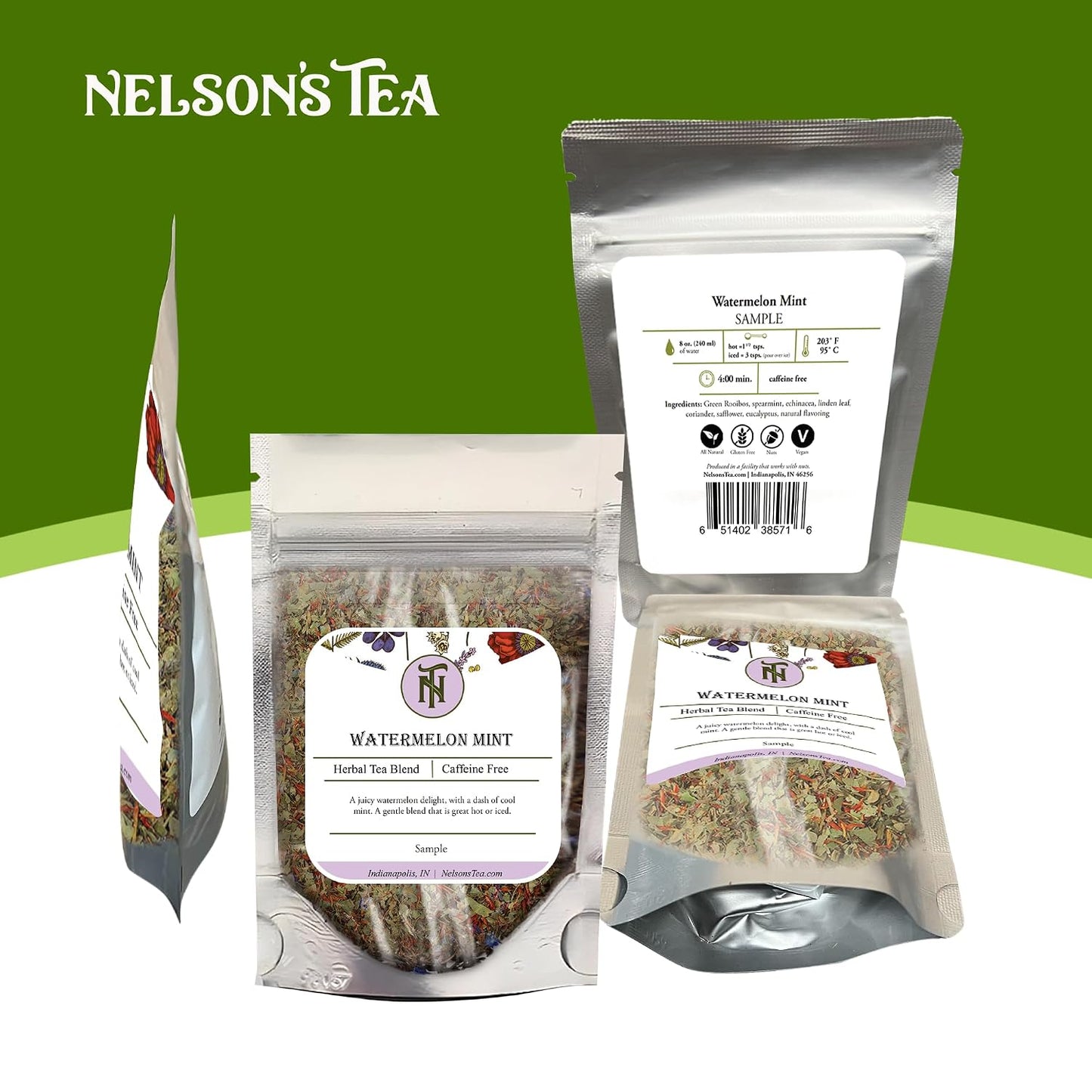 Nelson's Tea Watermelon Mint Green Rooibos Loose Leaf Tea, Sample 0.4 Oz | Echinacea • Caffeine Free • Tea • Rooibos • Caffeine Free Loose Leaf Tea • Watermelon • Mint