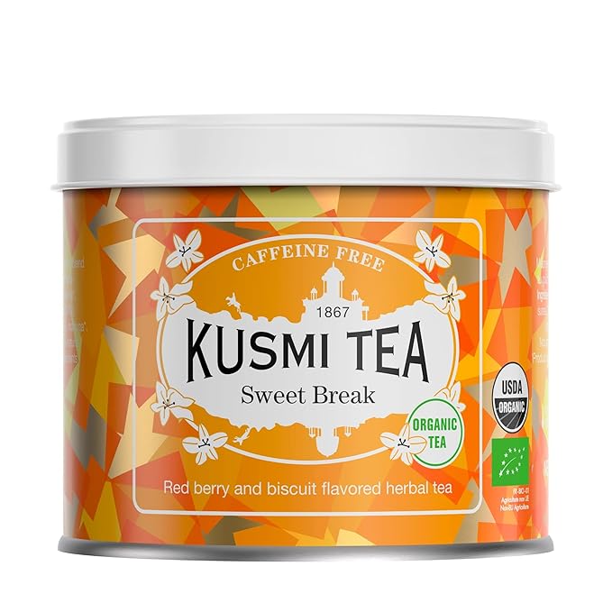 Kusmi Tea Sweet Break - 3.5 oz Loose Tea Tin - Organic Herbal Tea with Hibiscus, Red Berry & Hints of Cookie - Caffeine Free - Enjoy Hot or Iced