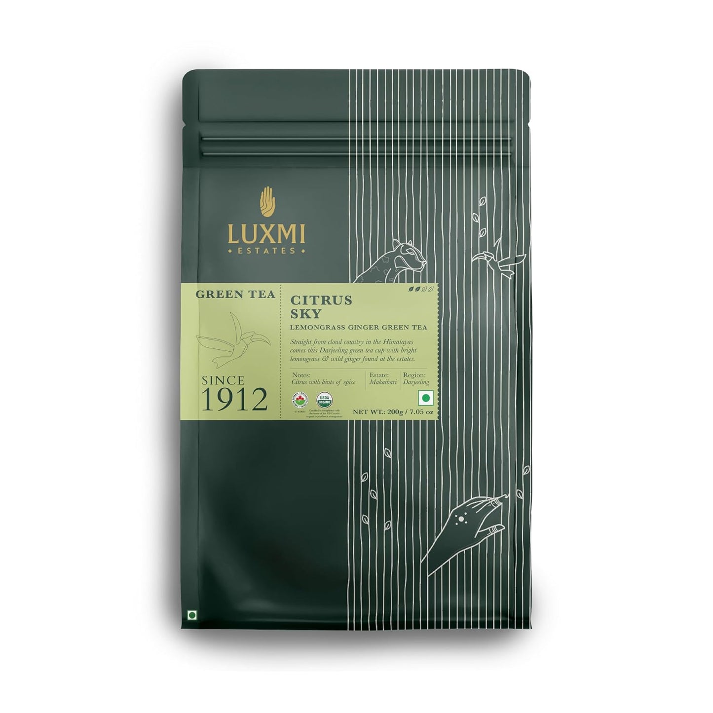 Luxmi Estates Citrus Sky Lemongrass Ginger Green Tea 200g Loose Leaf Pack, Certified Organic Darjeeling Green Tea, Citrus Flavor & Aroma