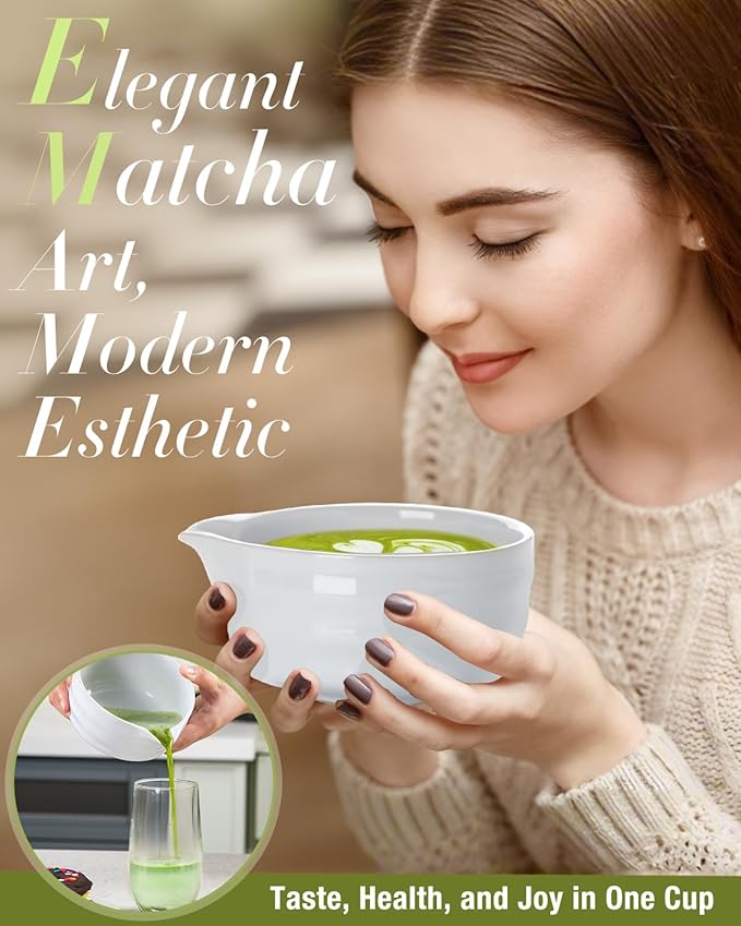 White Matcha Whisk Set - 5PCS Matcha Set Includes 17OZ Chawan with Spout, Bamboo Chasen Whisk with Ceramic Holder, Mat cha Scoop and Stainless Sifter, Matcha Kit for Ceremony, Gift for Matcha Lovers