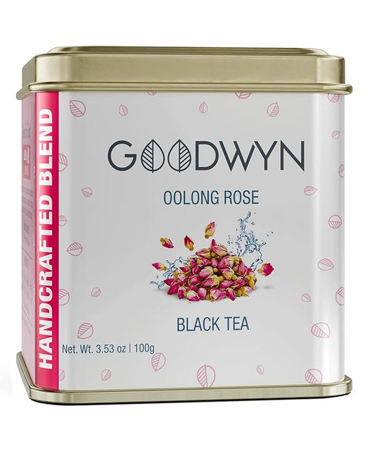 Goodwyn Oolong Rose Tea Loose Leaf – 50 Cups (100g / 3.5 oz) Premium Oolong Black Tea with Real Rose Petals, Medium Caffeine, Floral & Aromatic Blend in Reusable Tin, Sugar-Free Indian-Origin Tea, Perfect for Gifting