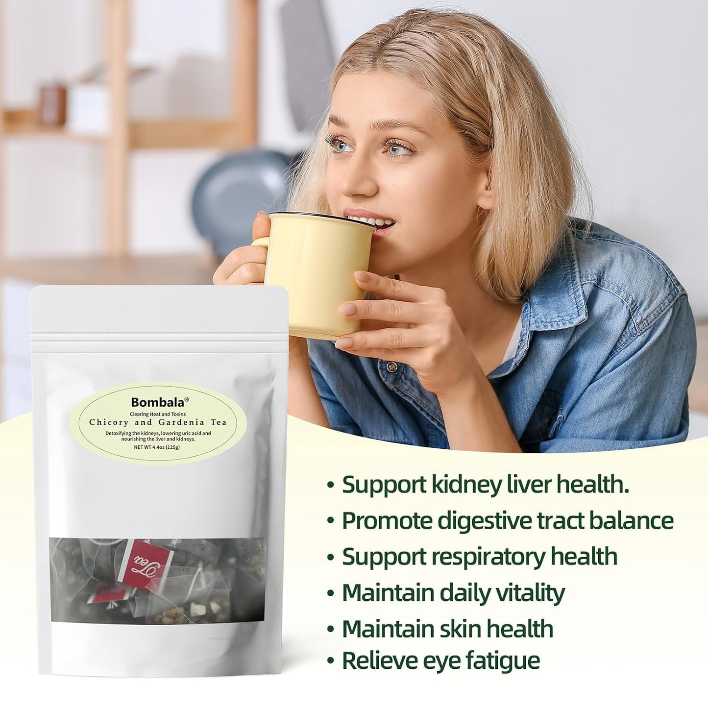 Bombala® 2Packs Chicory and Gardenia Tea- 8 Organic Liver and Kidney Tea Herbal Ingredients - Chinese Herbal Tea Chicory Gardenia tea bags with tuckahoe, cassia seed, mulberry leaf, dandelion, burdock root, barley. -No Sugar No Caffeine &amp;Vegan (5g*25B