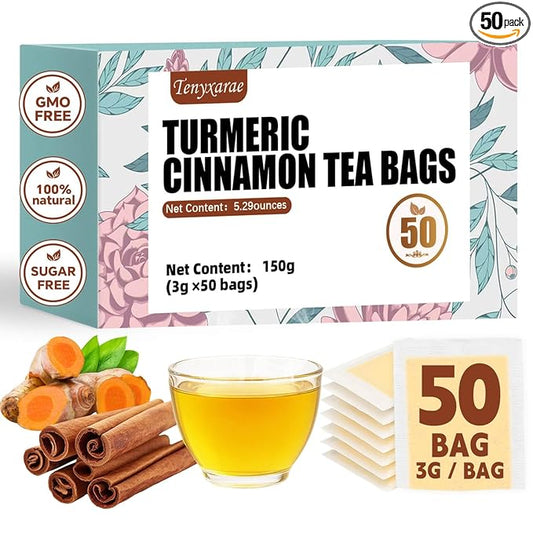 Organic Turmeric Ginger Cinnamon Tea Bags, 50 Teabags, 3g/Bag, Made with 100% Natural Turmeric and Cinnamon. Caffeine-Free, Sugar-Free, Gluten-Free