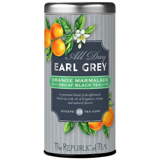 The Republic of Tea Decaf Orange Marmalade Black Tea, 36 Count | Decaffeinated. All Day Earl Grey collection. Notes of bright bergamot and lively citrus. Gluten Free.