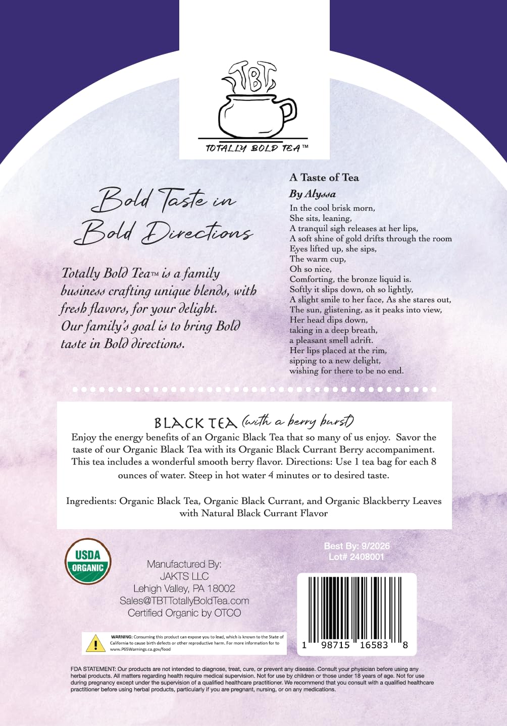 TBT - Totally Bold Tea - Organic Black Tea - Natural Energy - Caffeine - 30 pyramid whole leaf bags.
