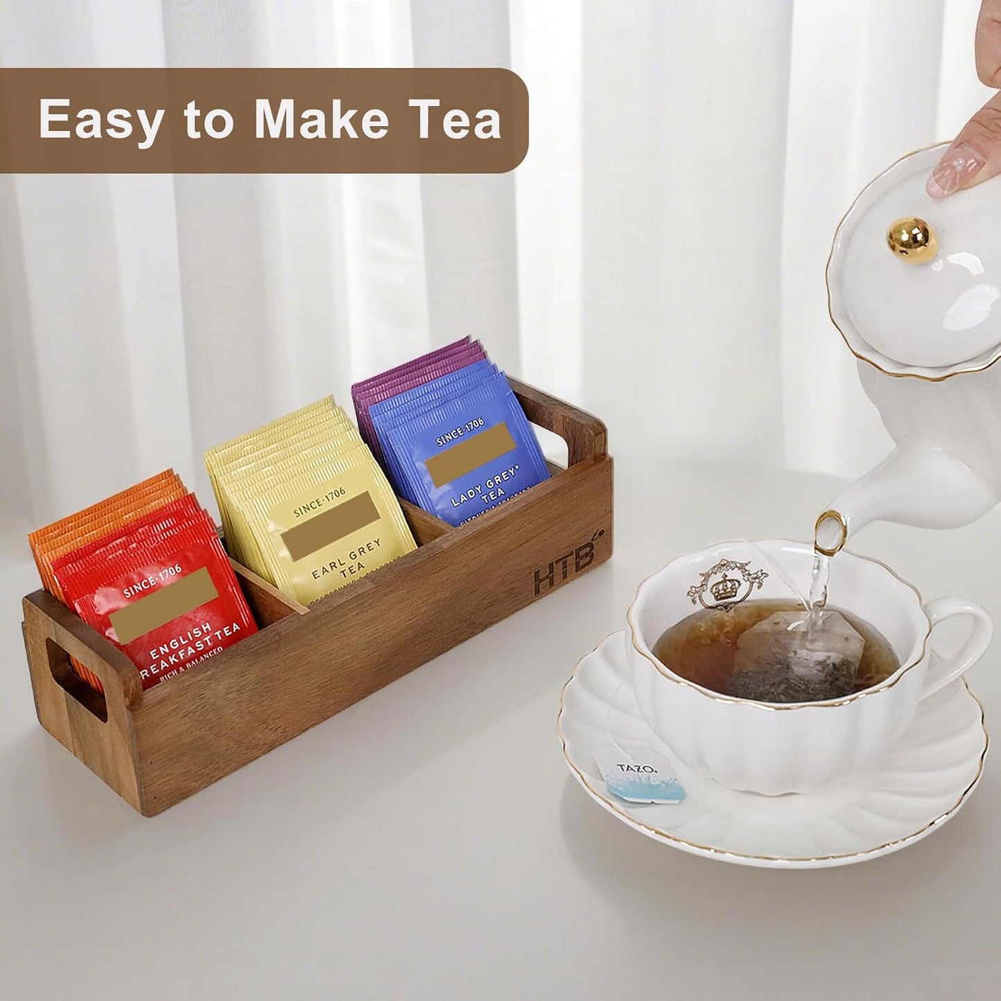 HTB 2 Pack Acacia Wood Small Tea Bag Box with 3 Compartments for Counter | Tea Bag Chest with Handle, Mini Countertop Divided Storage Container for Beverage Supplies, Sugar, Sweeteners