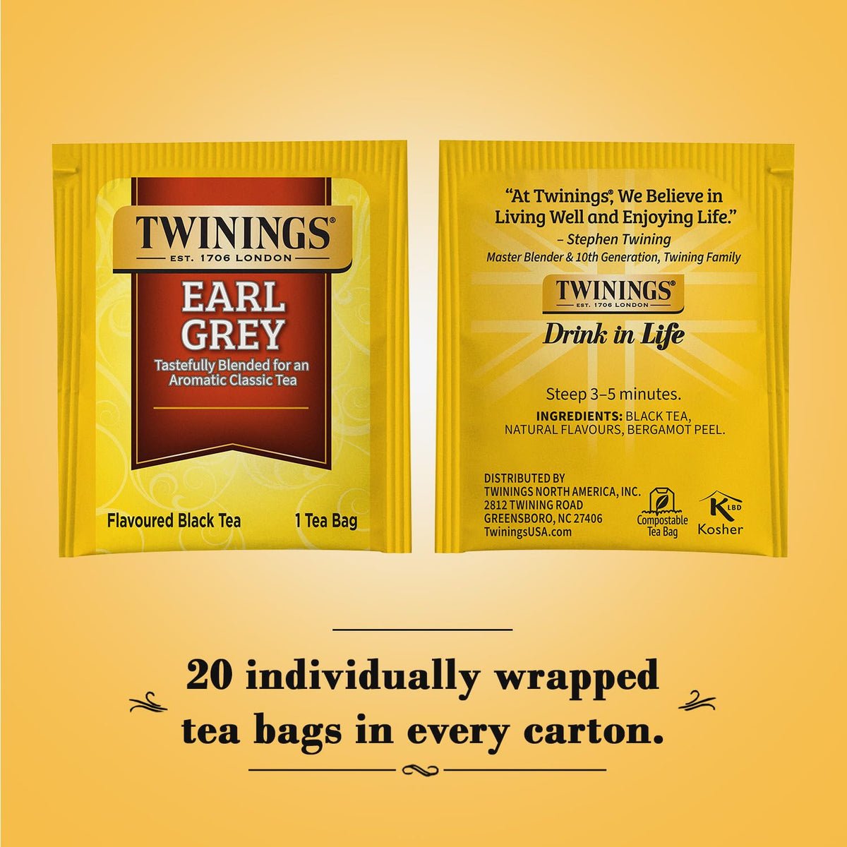 Twinings Earl Grey Tea 2-Pack – A Bright and Zesty Black Tea Infused with Citrus Bergamot Flavours, Caffeinated Tea Bags, Individually Wrapped, 20 Count Each