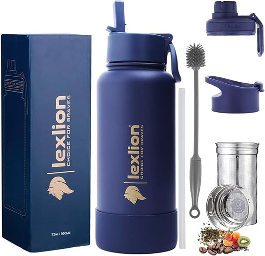 Lexlion Tea Infuser Water Bottle 32 Oz – Triple Wall Insulated Stainless Steel, Loose Leaf & Fruit Strainer, 3 Leakproof Lids