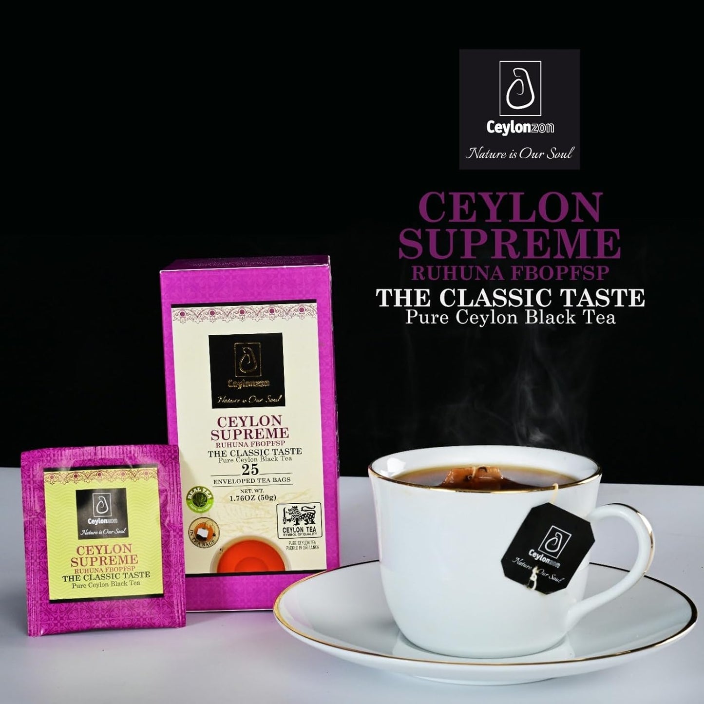 Ceylonzon Ceylon Supreme Flowery Broken Orange Pekoe Fannings Special Tea Classic Taste 25 Individually Foil-Wrapped Tea Bags 40g