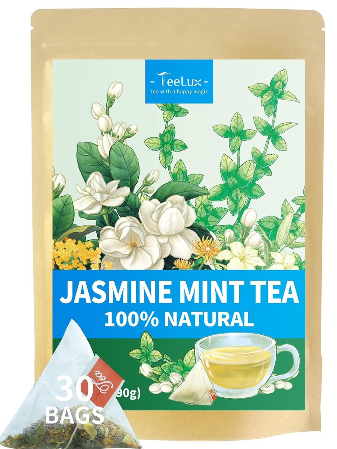 TeeLux Mint Jasmine Herbal Tea Bags, Caffeine Free, 30 Count | Refreshing Mint Blend with Jasmine, Lily, Osmanthus &amp; Chrysanthemum, Sugar Free, Gluten Free, Hot or Iced