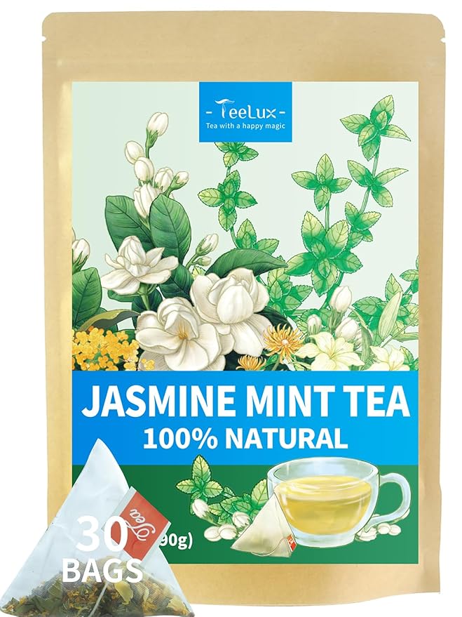 TeeLux Mint Jasmine Tea, 3g/bag, Mint with Jasmine, Lily, Osmanthus, Chrysanthemum, Fresh & Refreshing Flavor, Caffeine Free, 30 Count