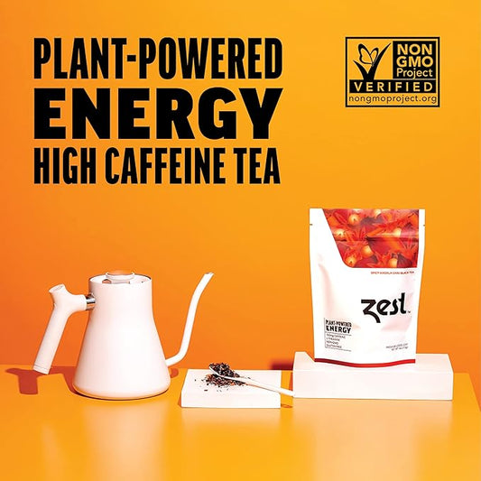 Zest Energy Black Tea - Spicy Masala Chai Loose Leaf Blend - High Caffeine Cardamom Ginger Tea with Cinnamon - Caffeinated Coffee Altnernative - Natural, Non-GMO & Keto - 50 Servings - 150mg Caf