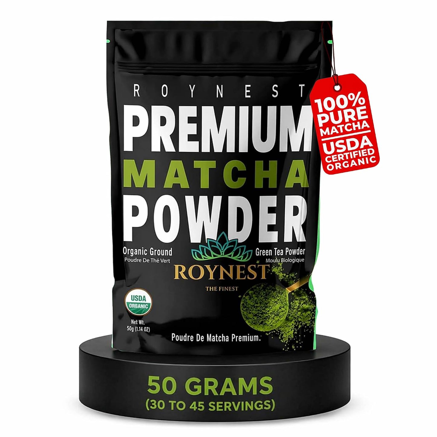 Roynest Premium Organic Matcha Powder - 50g Reseleable Pouch - 1 Pack | Ready to Mix, Pure Matcha for Iced Lattes, Smoothies, Cold Drinks &amp; Baking, Clean Energy, Non-GMO, USDA Certified Organic
