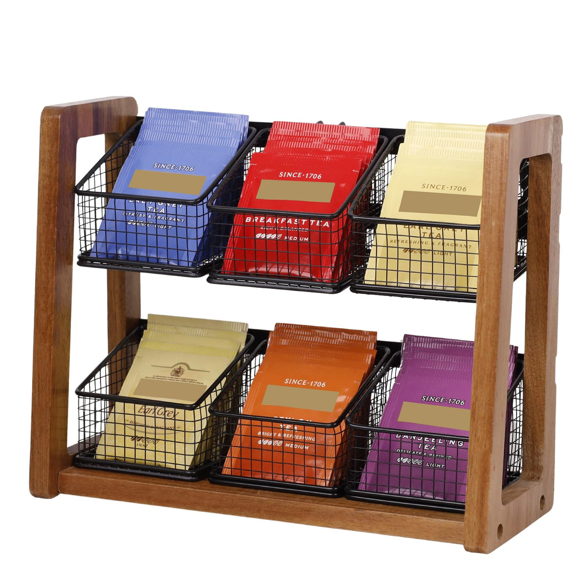 HTB 2 Tier Tea Organizer for Tea Bags with 6 Removable Metal Baskets
