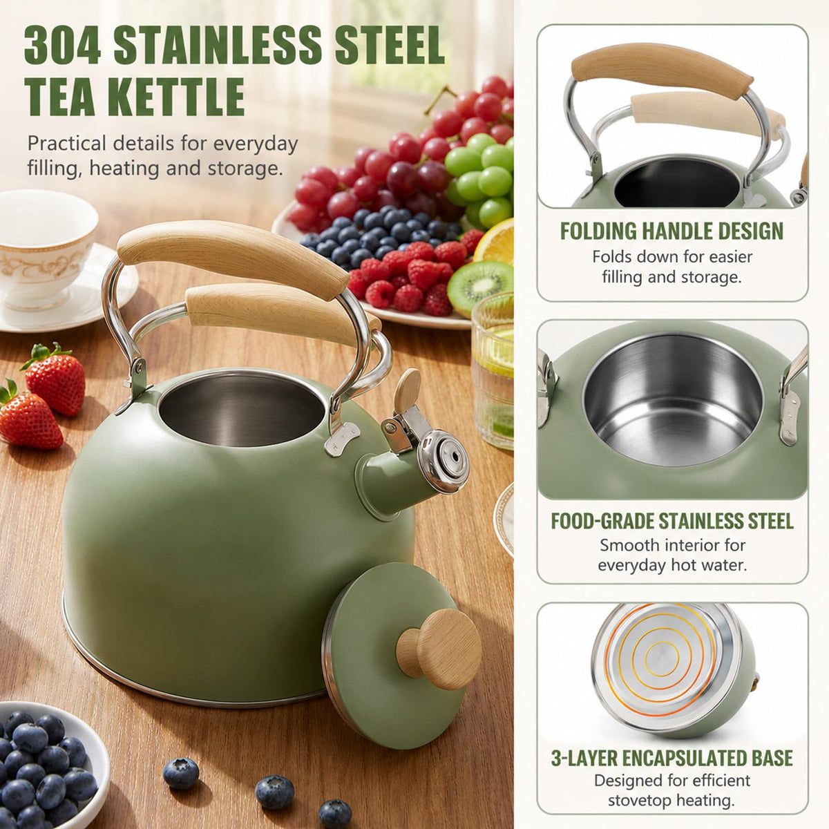 Tinlon Enamel Whistling Tea Kettle, 2.5 Qt Stovetop Teapot, Olive Green