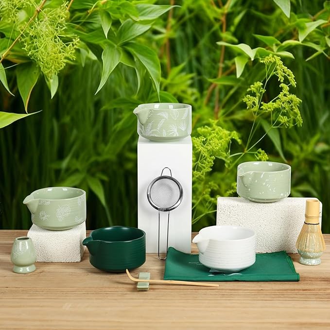 Matcha Bowl and Whisk Set, Ceramic Matcha Set Includes Matcha Bowl with Spout, Whisk & Holder, Bamboo Scoop, Stainless Sifter, Towel, Matcha Kit Making Tools,Light Green,7 PCS