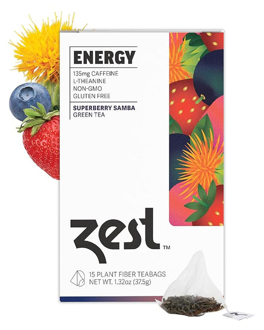 Zest Energy Green Tea - Superberry Samba - High Caffeine Strawberry, Acai, & Passion Fruit Tea - Caffeinated Coffee Altnernative with Antioxidants - Natural, Non-GMO & Keto - 15Ct Box - 135mg Caf