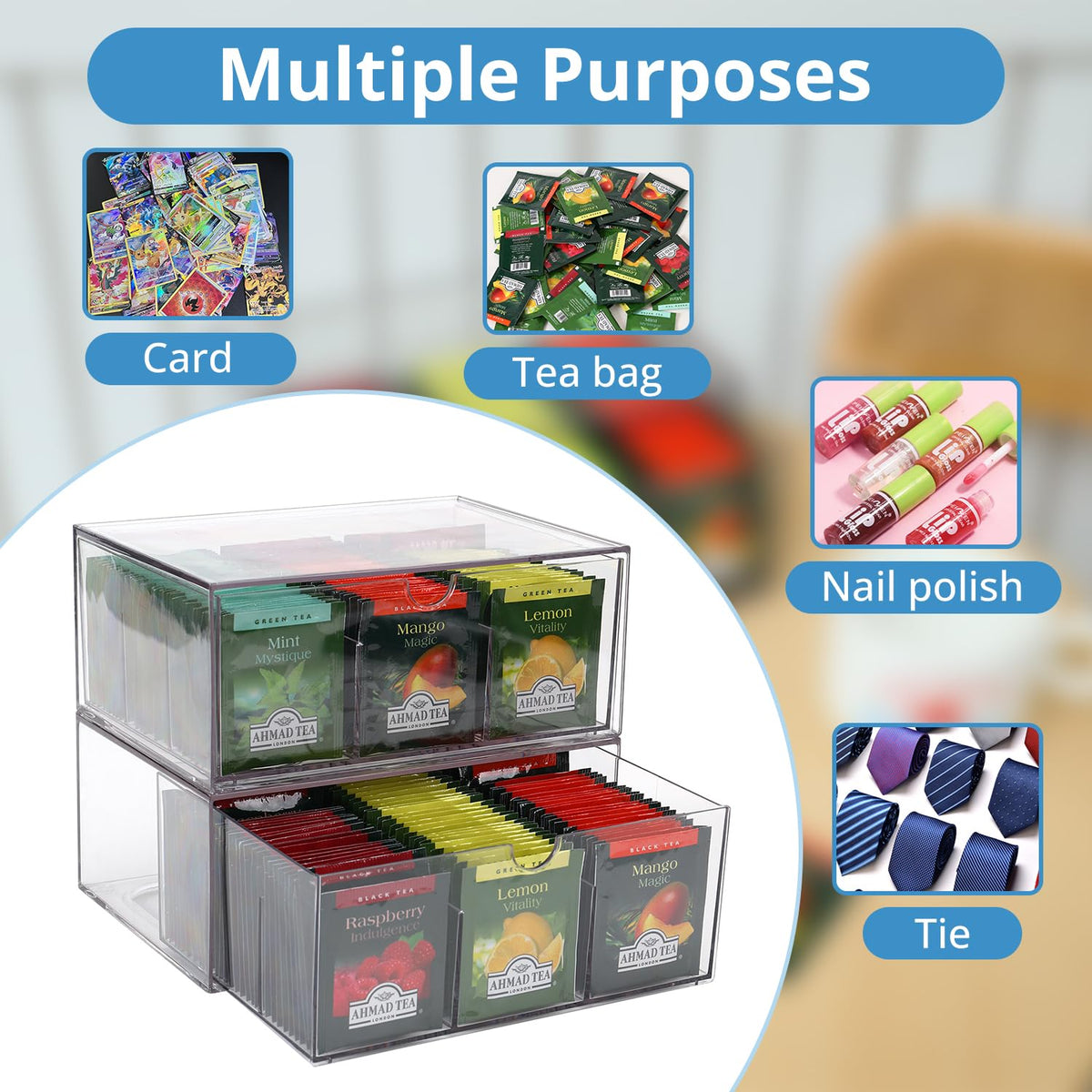 CLUQMEIK 2 Large Acrylic Tea Bag Organizer, 9 Grids Tea Organizers and Storage with Acrylic Drawers Stackable, Teabag Holder
