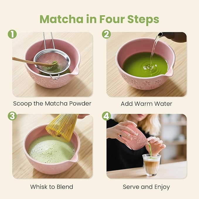 Matcha Whisk Set, Pink Matcha Kit (9 Pcs) Includes Bowl, Whisk, Holder, Scoop, Sifter, Spoon, Rest, Mat, Book