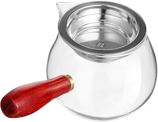 Healifty Glass Tea Pitcher with Wooden Handle and Infuser Thick Borosilicate Glass Dispenser Cup for Loose Leaf Tea Easy-pour Spout for Office Home and Meditation Use