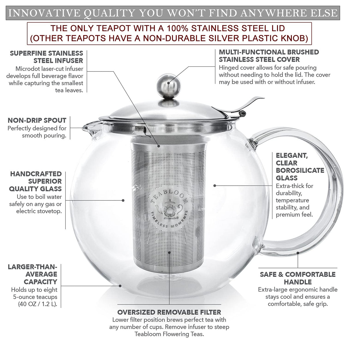 Teabloom All-in-One Glass Teapot and Tea Kettle – Heatproof Borosilicate Glass Tea Maker with Removable Stainless Steel Loose