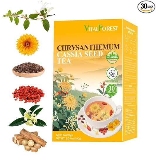 Chrysanthemum Cassia Seed Tea Bags - 6g × 30 Bags, VitalForest Herbal Tea with Burdock Root, Goji Berries, Osmanthus, Honeysuckle