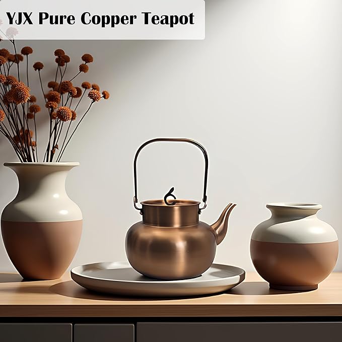 YJX Pure Copper Tea Kettle For Stovetop, Chinese Style Non-Coating Teapot with Stainless Steel Tea Ball For Loose Tea, Solid Tea Pot (1600ml)