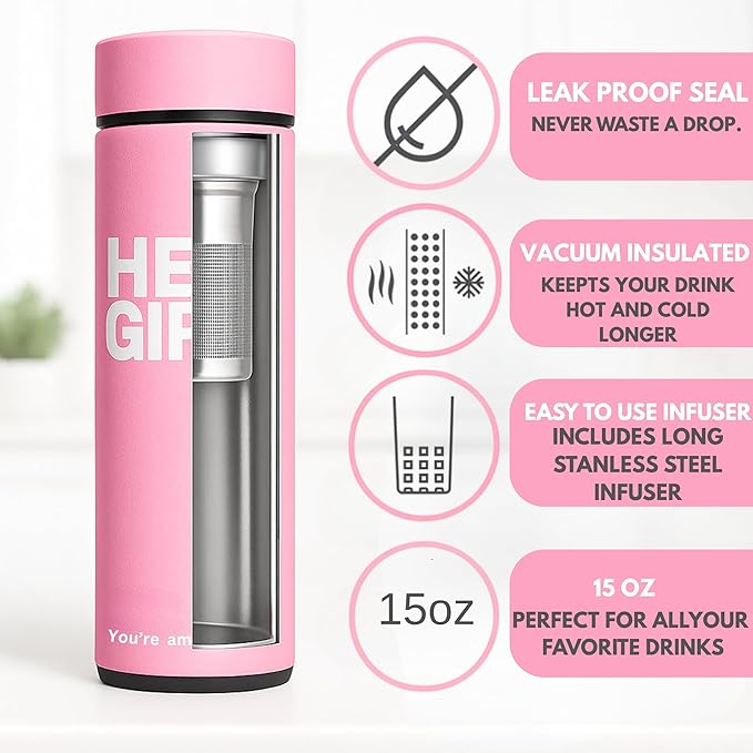Hey Girl Tea Infuser Bottle 450ml - Insulated Stainless Steel Water Bottle - Tea Tumbler with Tea Diffuser