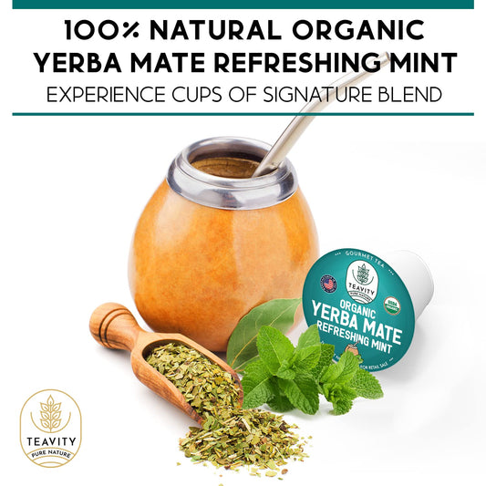Organic Yerba Mate Refreshing Mint Tea Pods - Naturally Caffeinated Yerba Mate Tea Pod for Keurig Brewers by Teavity (24 Tea