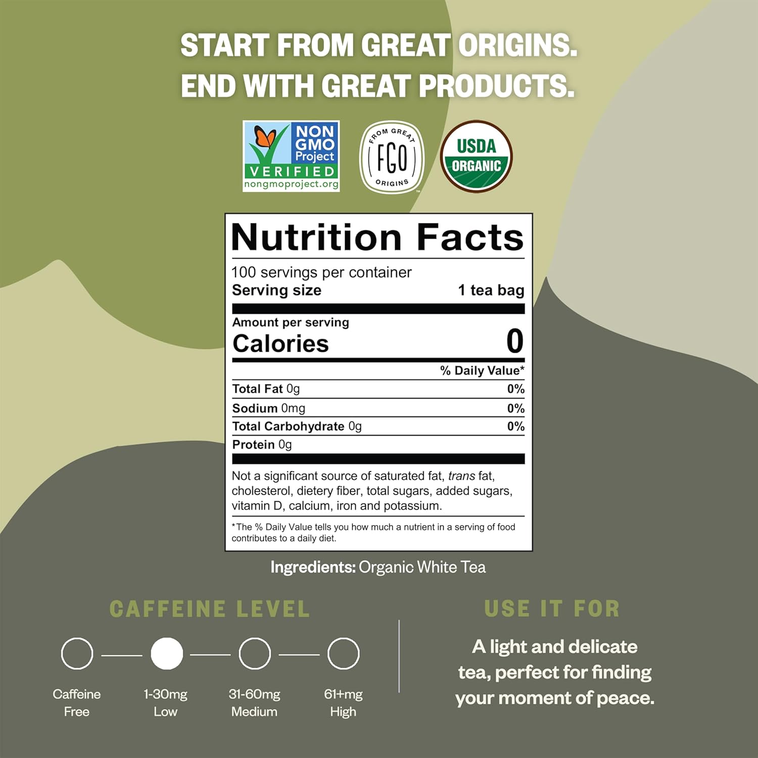 FGO Organic White Tea, 100 Count, Eco-Conscious Tea Bags, Resealable Bag, Packaging May Vary(Pack of 1)
