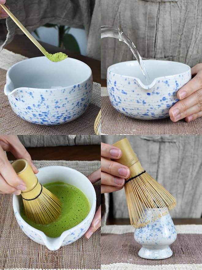 Artcome Matcha Tea Set - Ceramic Matcha Bowl with Pouring Spout, Bamboo Whisk, Whisk Holder, Tea Scoop & Matcha Manual