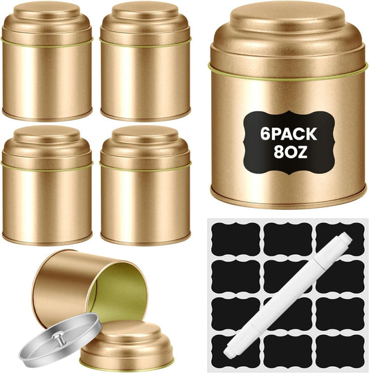 TRISCO 6PCS Tea Tin with Airtight Double Lids for Loose Leaf Tea Storage | 8 Fl Oz Capacity,Kitchen Small Tin Can Tea Canisters,for Loose Tea Coffee Sugar Candy Spices,Holiday Gift,Gold